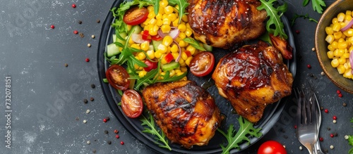 Baked chicken half served with garlic, ginger, soy, and honey sauce, alongside corn, salad, and tomatoes.