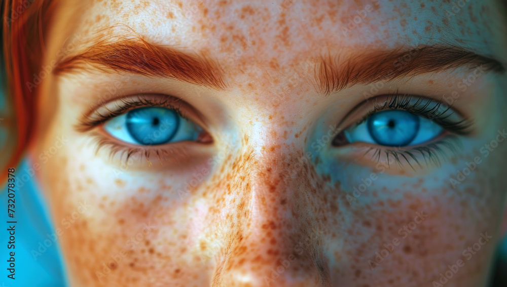 Girl with striking blue eyes and freckles. Close-up of a beautiful girl with red hair and blue eyes Girl with striking blue eyes and freckles. Close-up of a beautiful girl with red hair and blue eyes