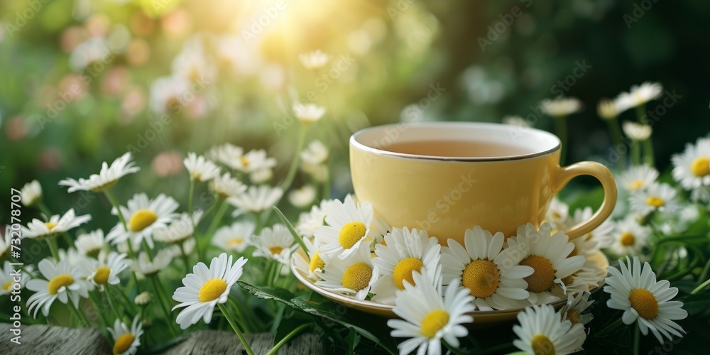 Chamomile on the meadow with a cup of coffee. Chamomile on the meadow with a cup of coffee.