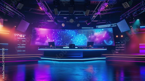 A modern tv hosting or game show studio set glowing with neon lights and futuristic design, ready for the next live broadcast.. photo