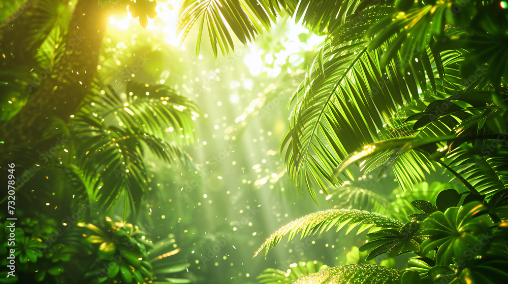 Sunlight filtering through the dense foliage of a tropical forest, creating a serene and vibrant scene