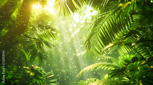 Sunlight filtering through the dense foliage of a tropical forest  creating a serene and vibrant scene