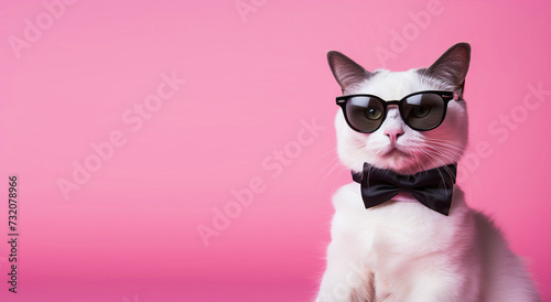 Stylish white cat with sunglasses and bow tie posing on a pink background, ample copy space on the side © AlexNeuro