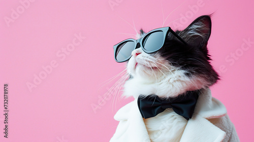 Dapper cat in sunglasses and bow tie posing on pink background, space for text