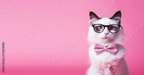 Cute white cat with glasses and pink bow tie on a pink background, leaving copy space for design or text