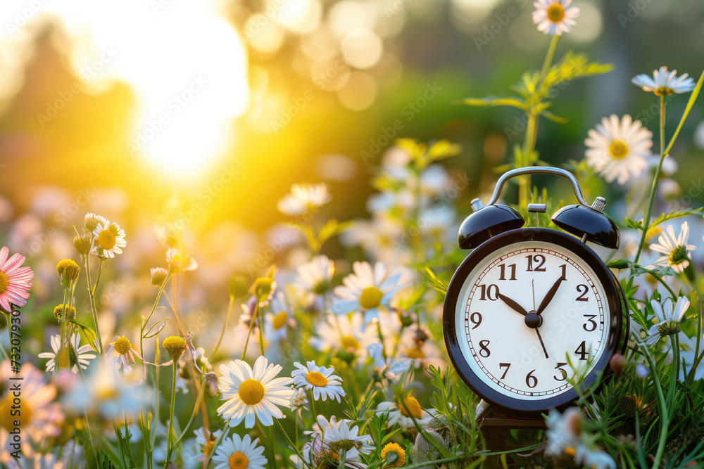 A classic black alarm clock stands among daisies with the golden sunrise illuminating the scene, symbolizing time in nature.. - obrazy, fototapety, plakaty 