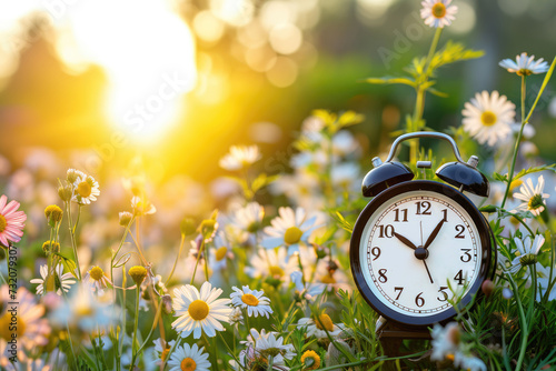 A classic black alarm clock stands among daisies with the golden sunrise illuminating the scene, symbolizing time in nature..