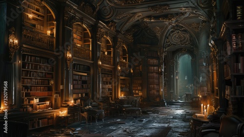 a gothic library's exterior, bathed in the warmth of candlelight, evoking a sense of mystery and creativity. © lililia