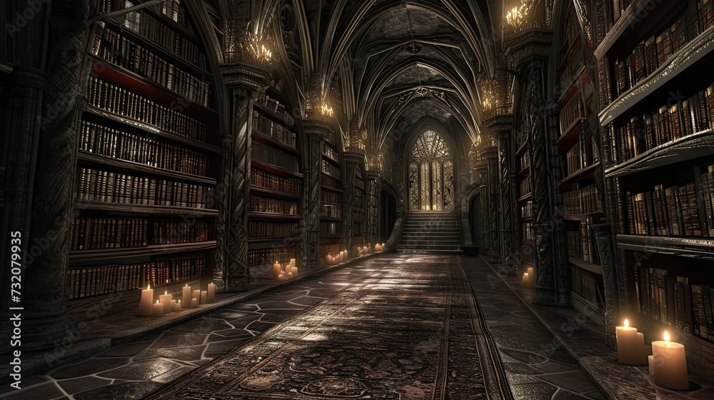 a gothic library's exterior, bathed in the warmth of candlelight, evoking a sense of mystery and creativity.