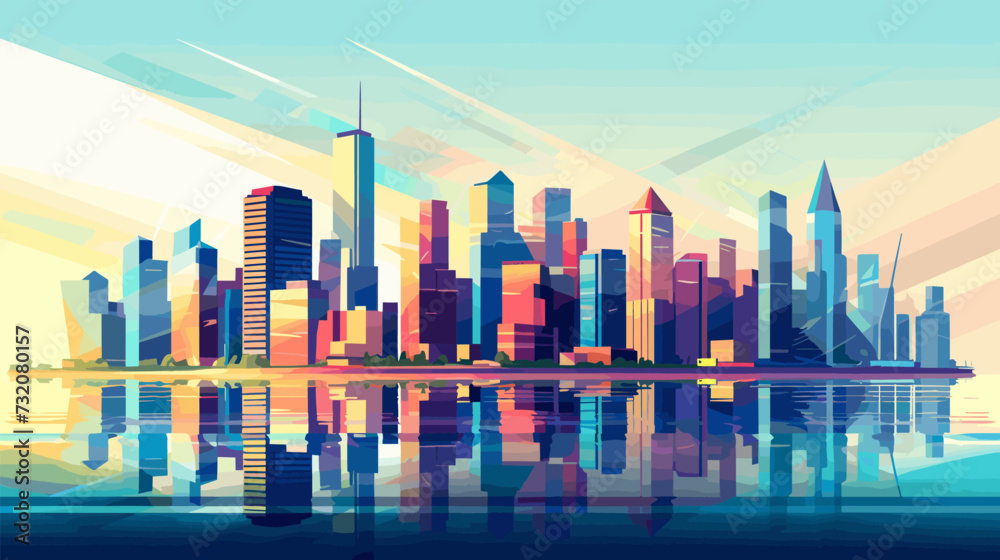 Modern city on coast. Downtown skyscrapers reflection on ocean or set water. Waterfront megapolis or embankment, colorful urban vector landscape background