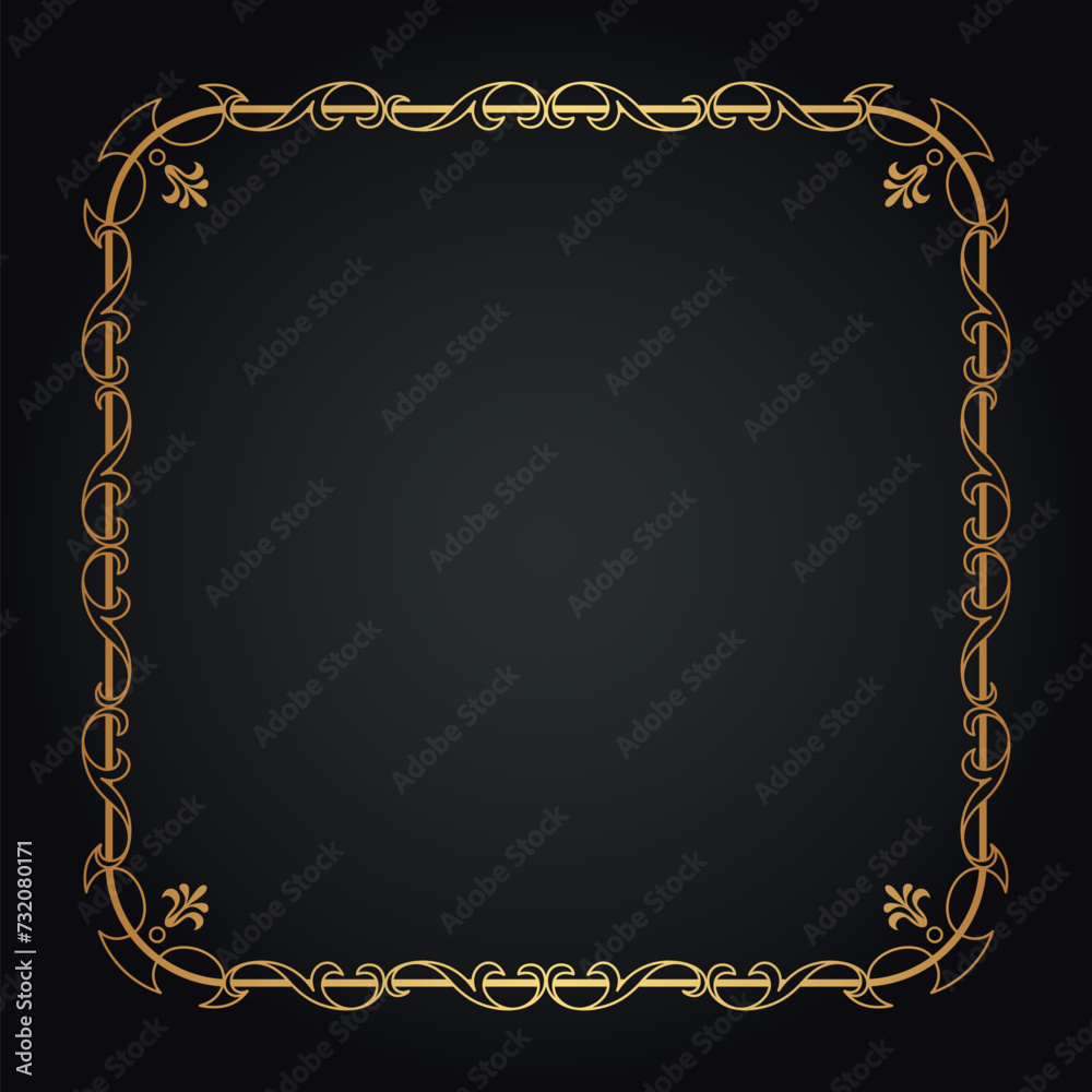Luxury decorative golden frame. Retro ornamental frame, vintage square ornament & ornate border. Decorative wedding circle frame, antique museum image border. Isolated vector icons set
