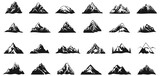 Mountain black icons. Rocks shape silhouettes, mountains ridges labels drawning signs for climbing wildlife mountainerring outdoor camping extreme adventures design