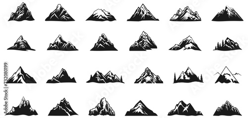Mountain black icons. Rocks shape silhouettes, mountains ridges labels drawning signs for climbing wildlife mountainerring outdoor camping extreme adventures design photo