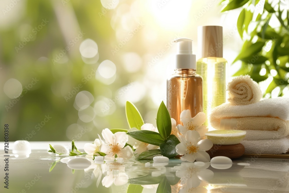 Skincare thyme massage oil cream, antiaging wellness treatment rose. Body care keratin treatment. Treatment pityriasis lichenoides powder jar mockup. detoxifying toner package soap foam pot