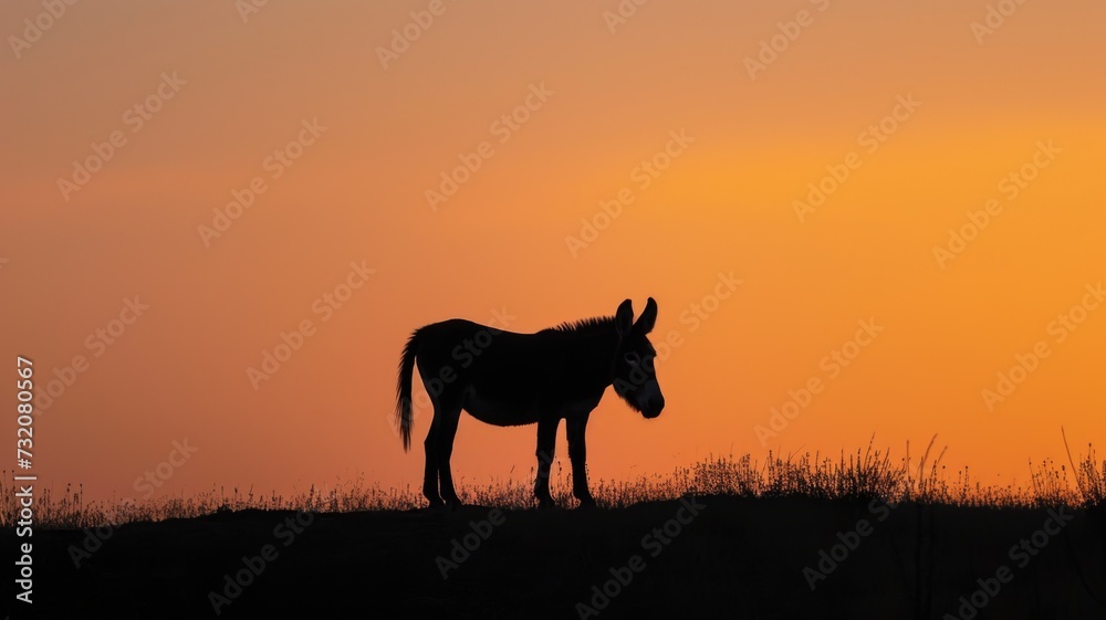 Silhouette of a lone donkey on a hilltop against a vibrant sunset sky. Silhouette of a lone donkey on a hilltop against a vibrant sunset sky.