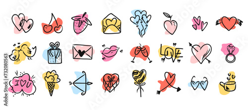 Set of cute colorful hand drawn doodle vector love symbols for St Valentines decor. Lovely design elements of kiss, lips, envelope, cup, ice cream for Valentines Day stickers, patterns, greeting card