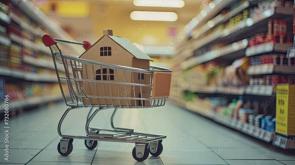 a close-up of a cardboard house placed within a supermarket cart, illuminated by natural daylight. a close-up of a cardboard house placed within a supermarket cart, illuminated by natural daylight.