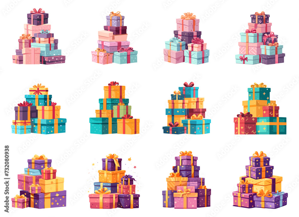 Presents mountains set. Huge pile of gift boxes in cartoon style, holiday wrapping gifts isolated on white