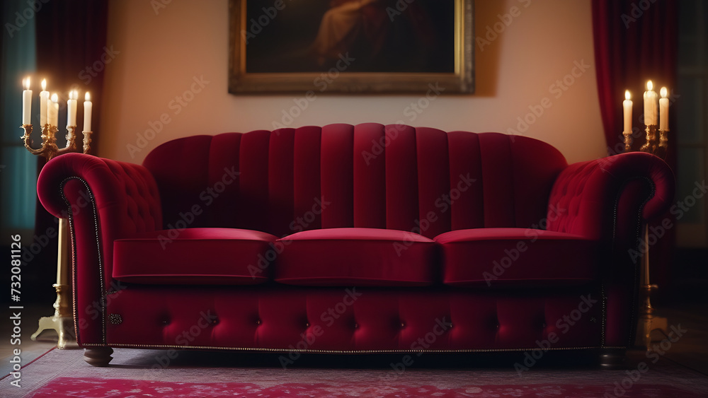 Obraz premium omantic Red Velvet Sofa Adorned with Roses and Candlelight