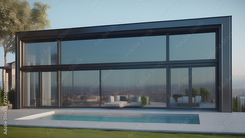 Obraz premium Architectural design plan of a guest house shot from outside, large steel windows with a view of the city