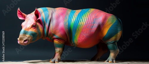 Colorfully Painted Hippo in Dark Room