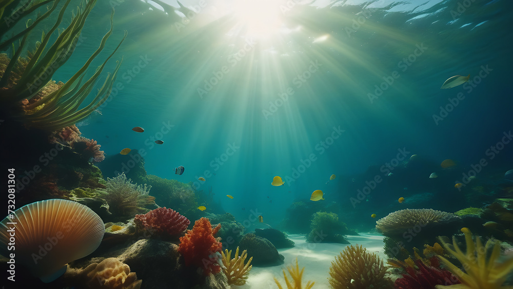 underwater world, plants, flowers, shells, creatures