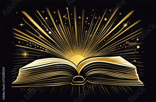 Open book with rays of light on black background.  illustration.