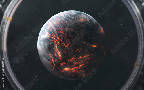 3D illustration of Planet Earth is destroyed by flames and explosions, the surface is covered with lava. High quality digital space art in 5K - ultra realistic visualization.