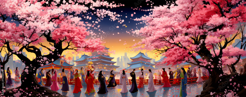 Obraz premium A vibrant illustration of a traditional Asian festival under cherry blossoms with people in cultural attire, evoking celebration, tradition, and the beauty of spring.