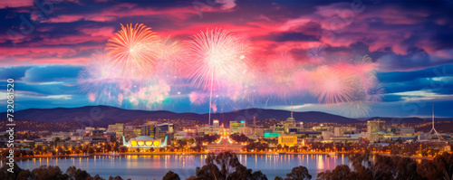 A dramatic fireworks show illuminates the night sky over a city, with multicolored bursts and streaks of light, portraying a grand celebration and urban excitement.