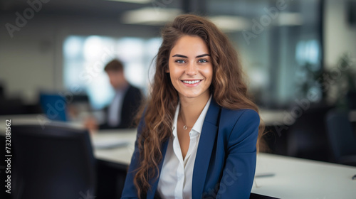 Beautiful young woman standing, office worker, smiling, businesswoman