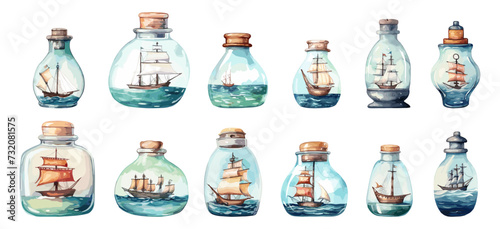 Ships in bottles, abstract glass bottle with nautical landscape. Sea, vintage ship and boat. Isolated watercolor decorative vector collection