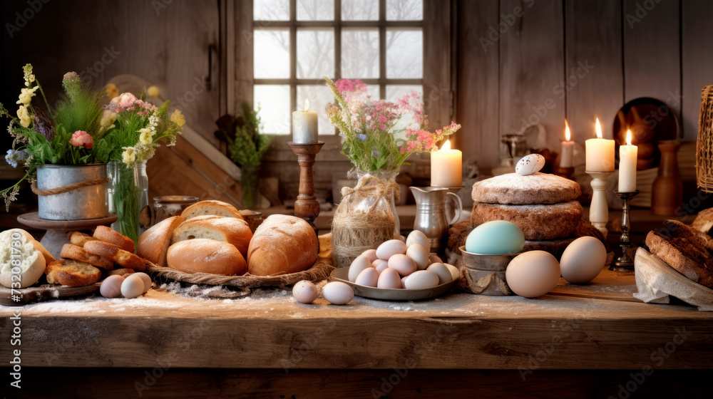 A quaint kitchen scene with fresh bread, a basket of eggs, and lit candles beside wildflowers, evoking a serene, pastoral atmosphere, suggesting themes of home cooking and rustic charm. - obrazy, fototapety, plakaty 