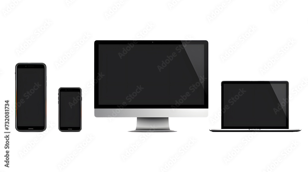 Realistic devices mockup set : Isolated smartphone telephone, laptop computer, tablet, monoblock monitor, on white background Realistic devices mockup set : Isolated smartphone telephone, laptop computer, tablet, monoblock monitor, on white background