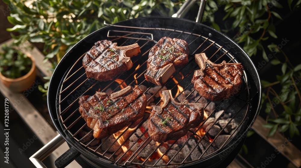beef T-bone steaks grilling over hot BBQ coals, featuring porterhouse steak or T-bone steak varieties,ideal for restaurant menus or cookbook recipes