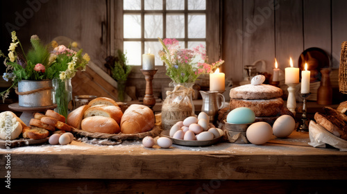 A quaint kitchen scene with fresh bread, a basket of eggs, and lit candles beside wildflowers, evoking a serene, pastoral atmosphere, suggesting themes of home cooking and rustic charm.