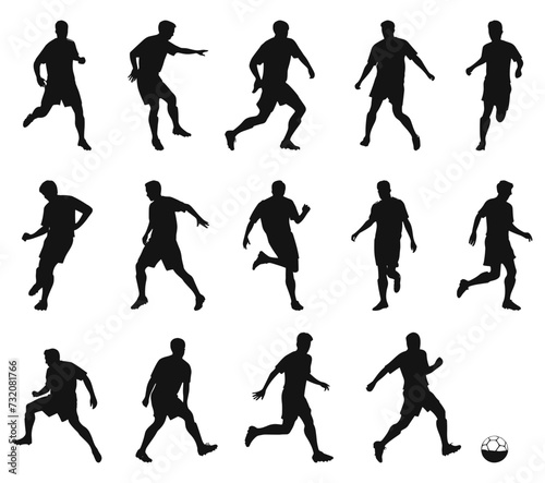 Soccer player black silhouettes. Footballer profiles and ball vector set, socckers athletes drawings isolated on white