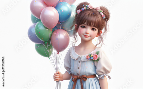 child holding balloons on white background