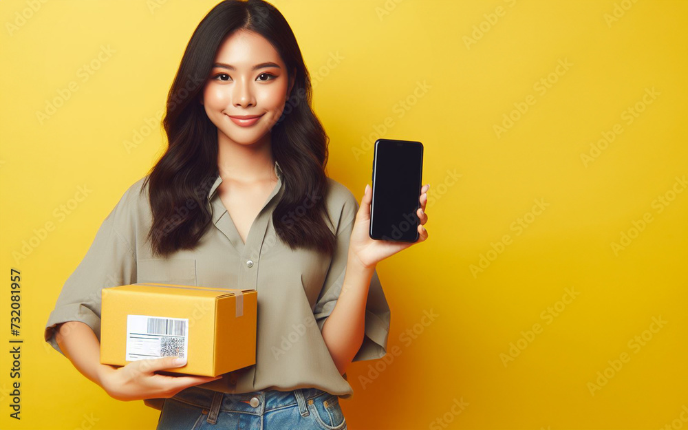 Woman holding a parcel box and smartphone freight transport concept bright color background Woman holding a parcel box and smartphone freight transport concept bright color background