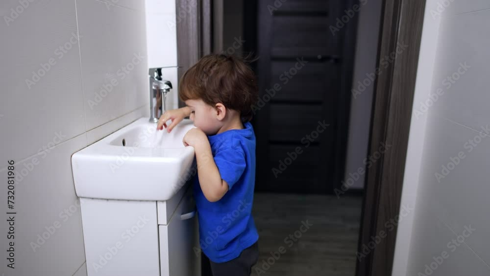 Caucasian toddler standing in the bathroom near the sink. Curious kid watching the water flow and puts his hand under water. Caucasian toddler standing in the bathroom near the sink. Curious kid watching the water flow and puts his hand under water.
