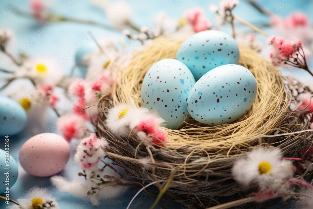 Easter eggs in nest with flowers and blue background. Generative AI. Easter eggs in nest with flowers and blue background. Generative AI.