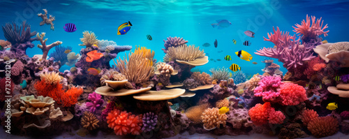 An enchanting coral reef ecosystem teeming with marine life, with a multitude of colors and forms, representing the diversity and complexity of ocean habitats.