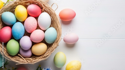 Easter eggs in basket on white background. Generative AI.