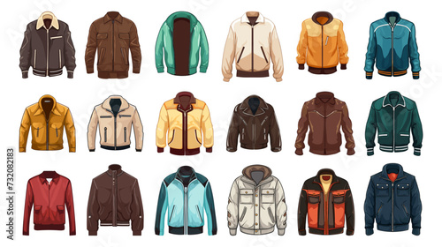 Trendy men jackets. Cartoon male jacket, fabric and leather. Seasonal coats for spring, summer and autumn. Fashion clothes, vector design collection