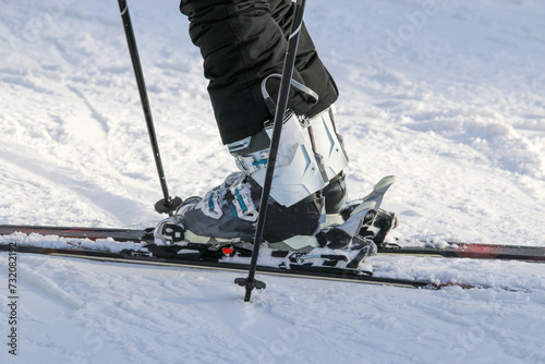 Ski boots clicked into skis that are perfectly parallel
