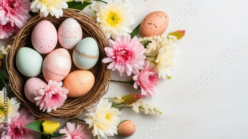 Easter eggs in a basket with flowers on a white background. Generative AI.