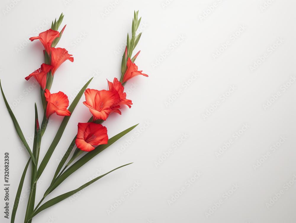 Fleurs sur fond blanc : vision minimaliste de glaïeuls rouges (gladiolus) - obrazy, fototapety, plakaty 