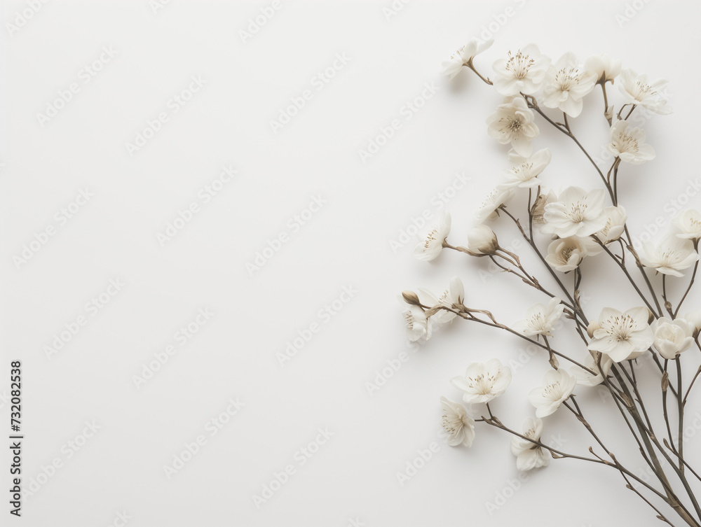 Fleurs sur fond blanc : vision minimaliste de fleurs de cerisiers sur leur branchage - obrazy, fototapety, plakaty 