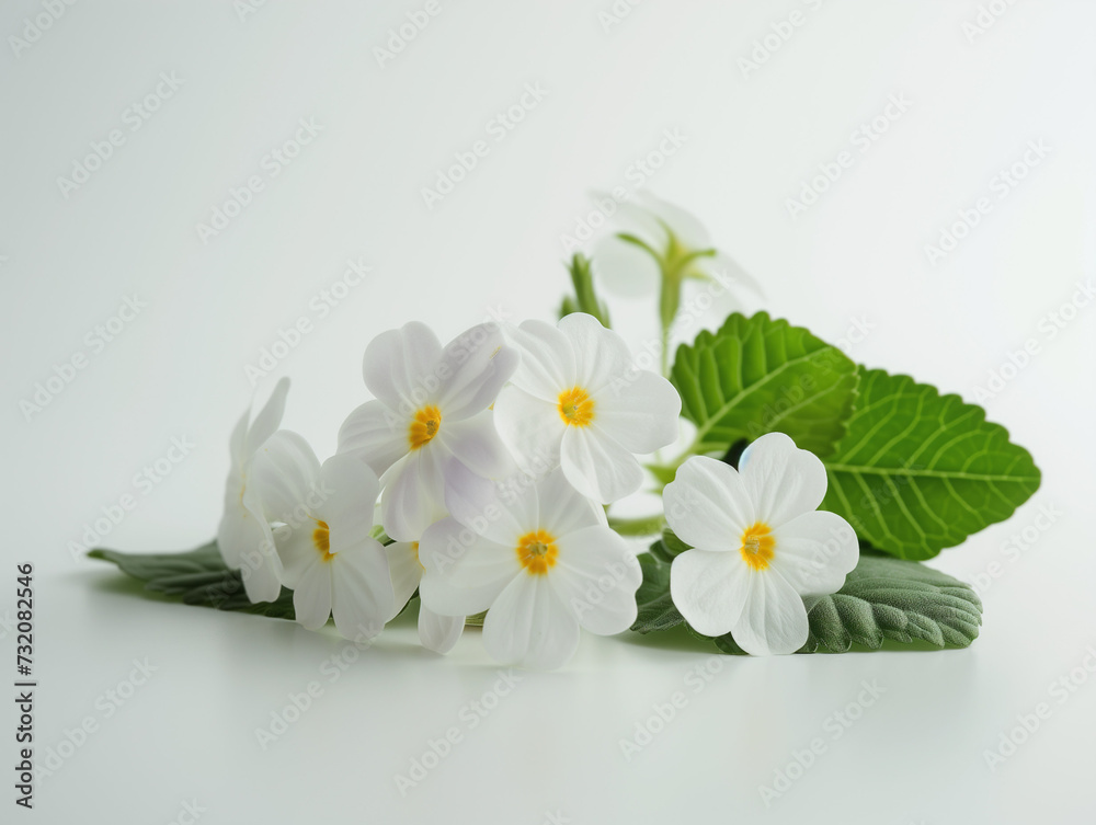 Obraz premium Fleurs sur fond blanc : vision minimaliste d'une primevère de printemps