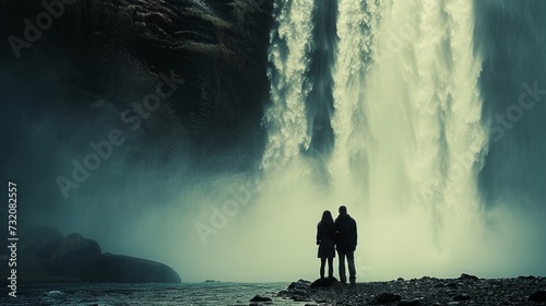 Clean and minimalist image portraying the bond between lovers amidst the natural splendor of a waterfall